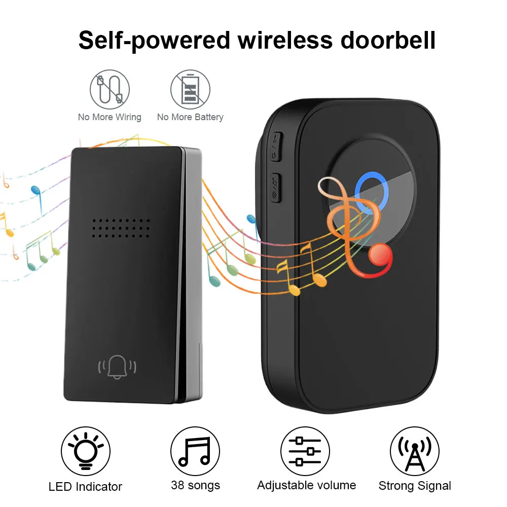 

Wireless Doorbell Smart Home Welcome Door Bell 38 Ringtones 150M Long Distance Outdoor House Door Chime Kit Battery Free