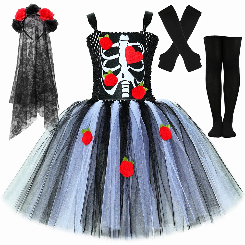 Spooky Rose Bride Halloween Costumes for Girls Scary Skeleton Ghost Fancy Tutu Dress Kids Carnival Party Horror Tulle Outfit