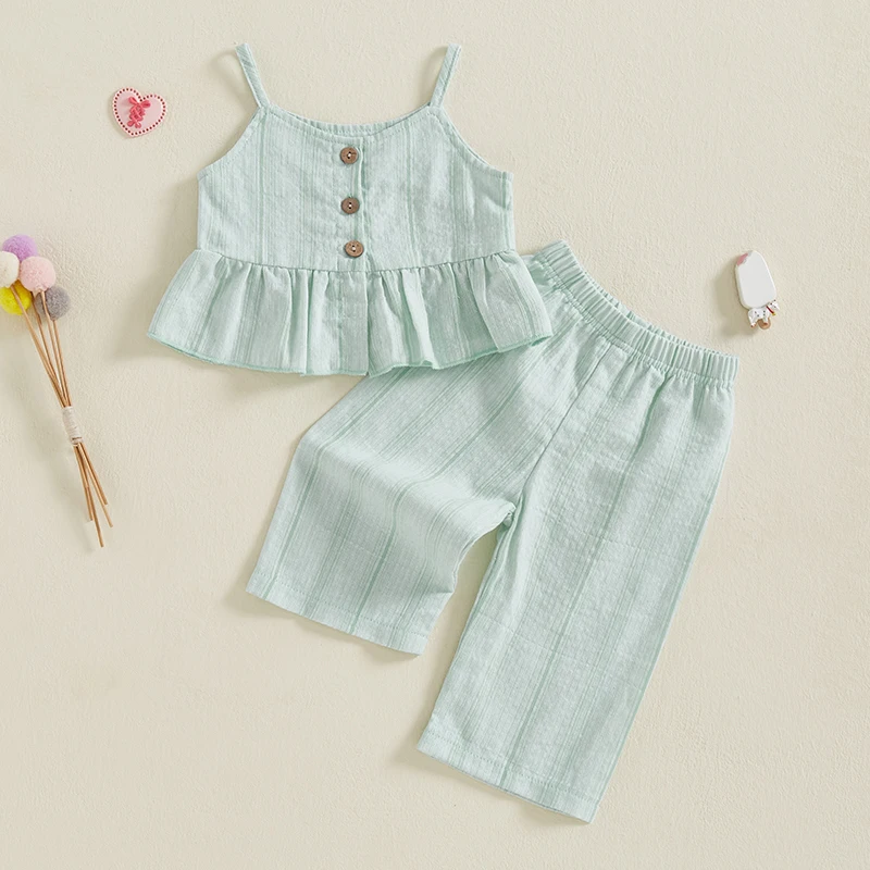 Toddler Girl Summer Outfits Stripe Print Button Front Ruffled Cami Tops with Long Pants 2 Pieces Set for 0-3 Years