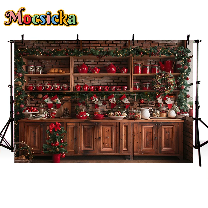 Mocsicka Christmas Kitchen Photography Backdrop Cupboard Retro Wood Wall Cook Decor Background Studio Newborn Baby Portrait Prop