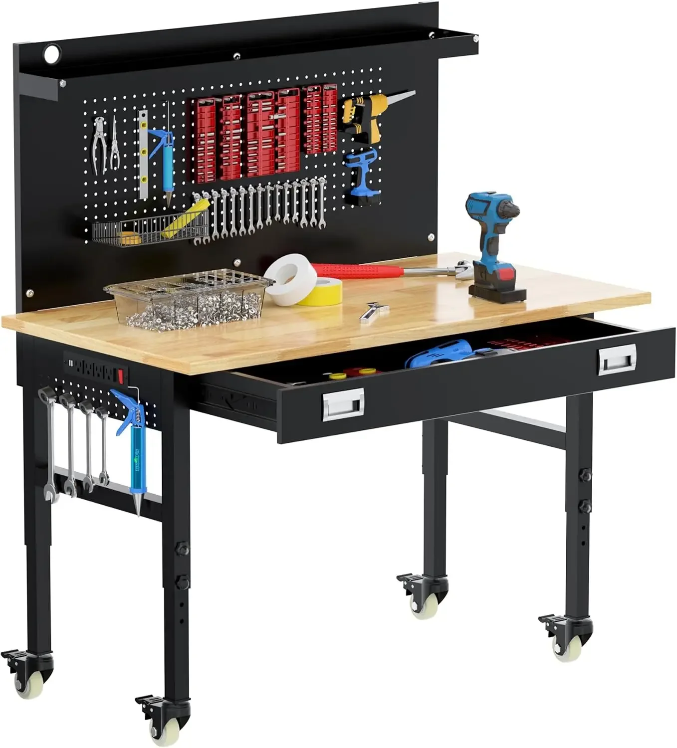 Établi réglable avec grand panneau perforé, table de travail réglable avec prises de courant et roues verrouillables, bois de caoutchouc