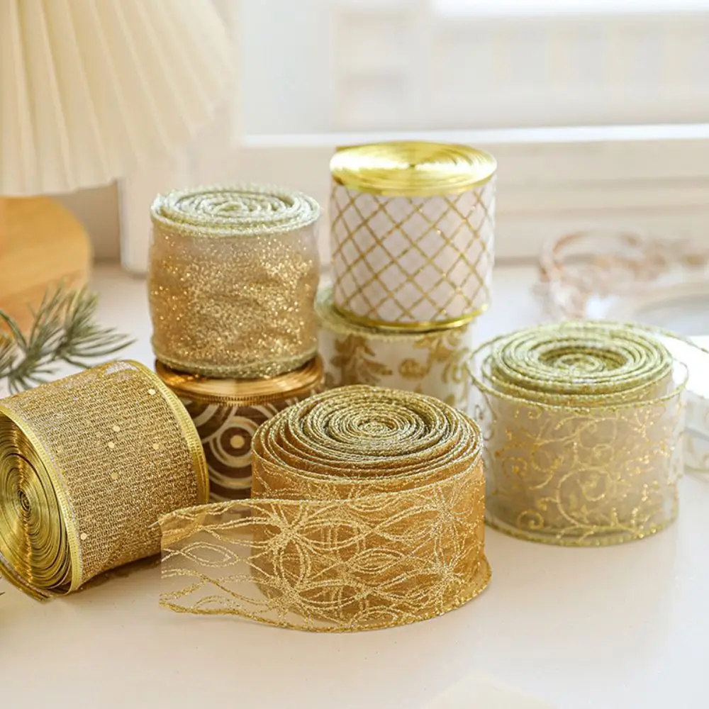 Gold Wire Edge Christmas Ribbon Weaving Classic Wrapping Christmas Tree Ribbon Mesh Yarn Xmas Bows Fabric Craft Ribbon