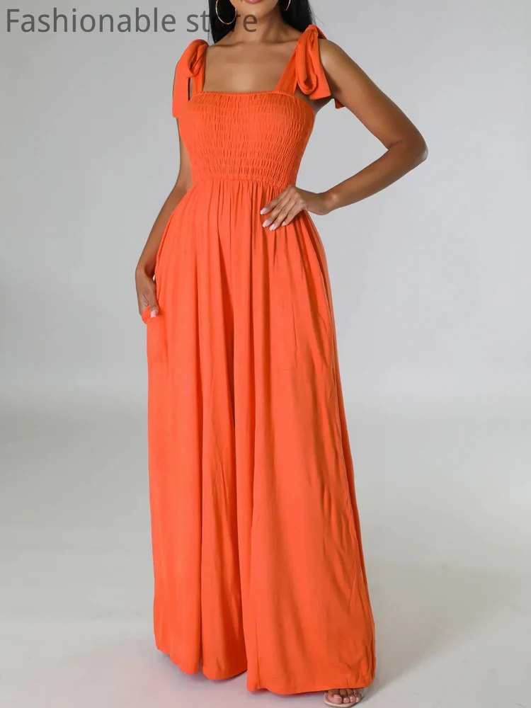 

Bandeau Shirring Sleeveless Lace-Up Backless Wide Leg Jumpsuits