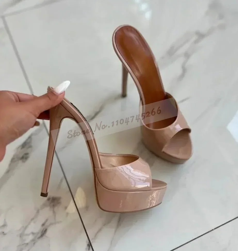 Nude White Shiny Patent Leather Modern Slippers Stiletto Heel Platform Dress Mules Slip-On Open Toe Sandals Elegant Party Shoes