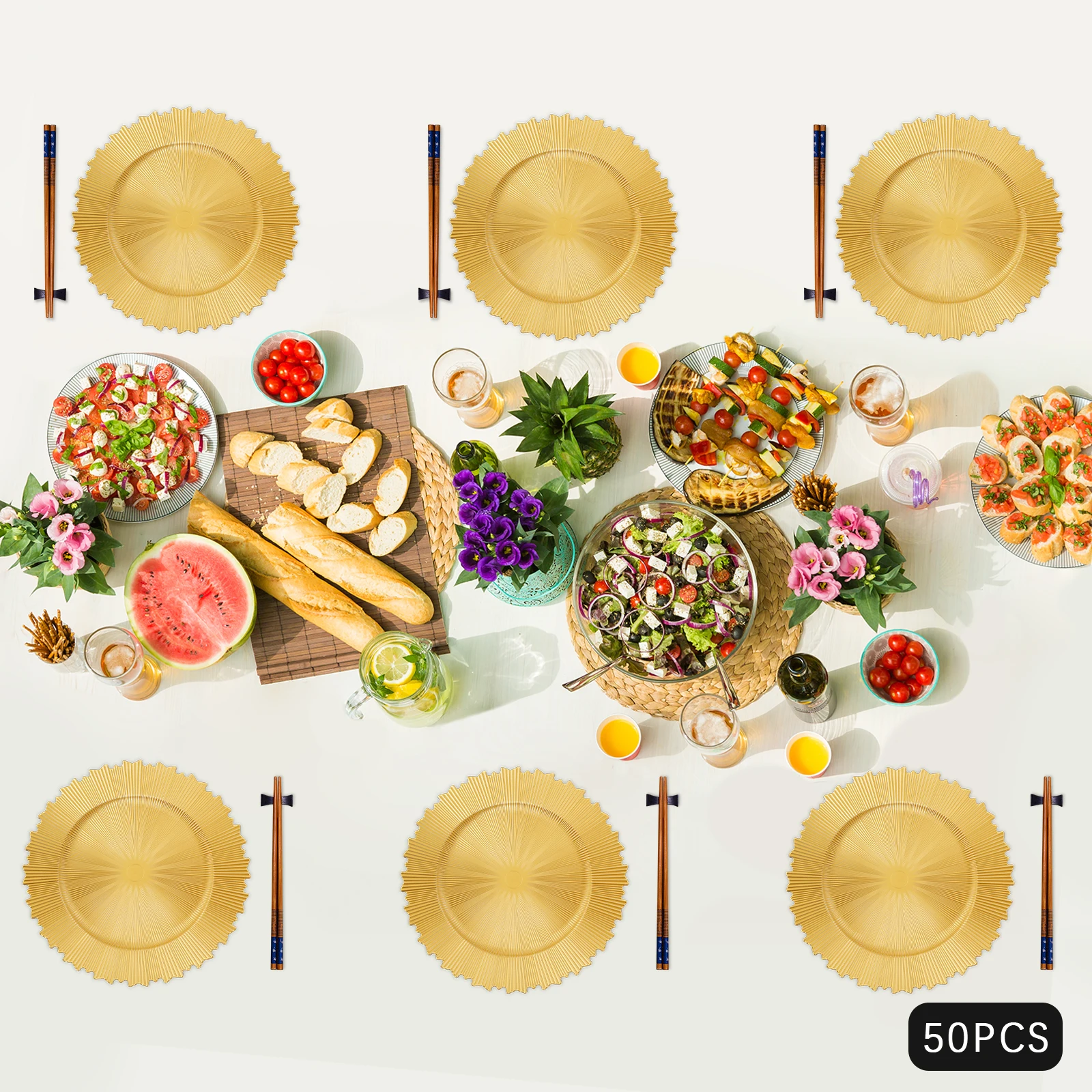 

50 Pcs Round Charger Plates,Gold Charger Plate for Birthday Parties, Holidays, Weddings, Banquets, Camping, Picnics, Barbecues