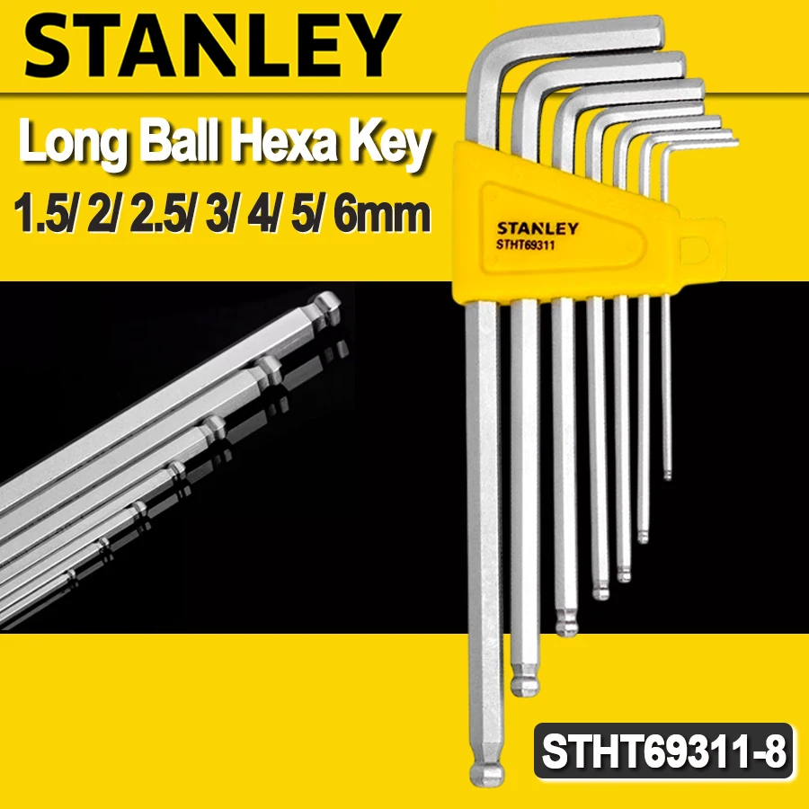 

Stanley 7Pcs Hex Bar Ball point L-Wrench Set Long Ball Hexa Key Set 1.5/ 2/ 2.5/ 3/ 4/ 5/ 6mm Hand Tool NO.STHT69311-8