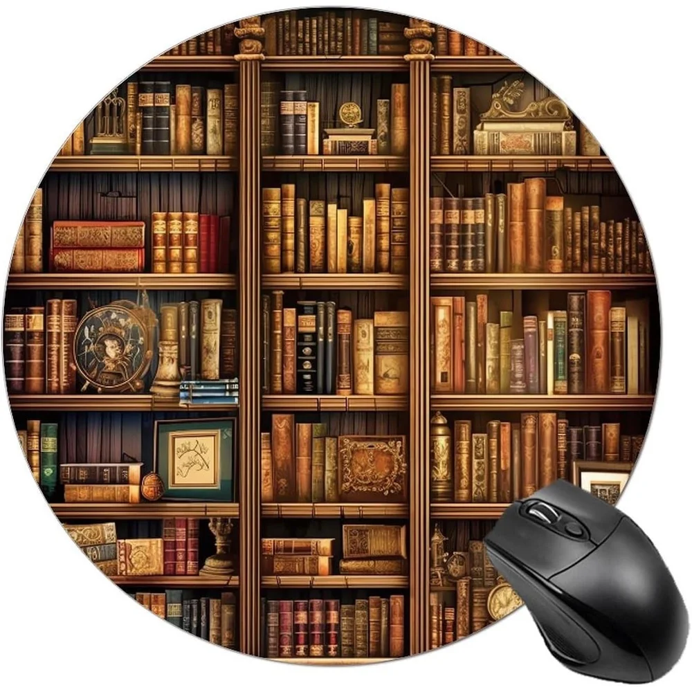 Library bookshelf pattern design mouse pad, circular waterproof and anti-slip rubber, washable computer game accessories