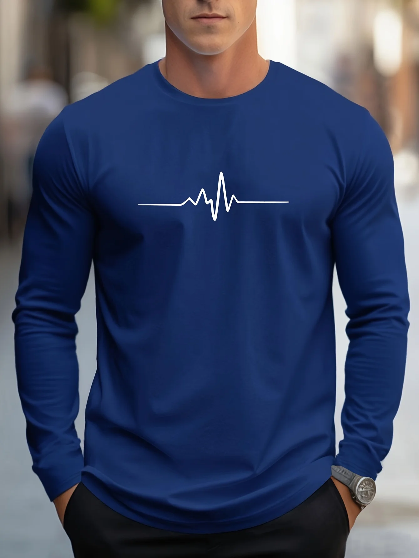 A nova camiseta masculina de manga comprida para primavera e outono 2025 é casual e confortável com impressão de padrão listrado 3D