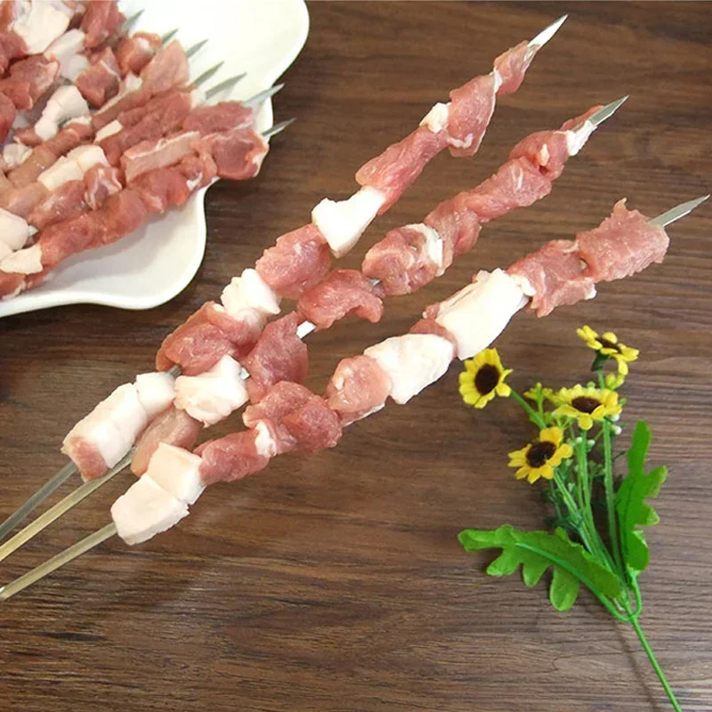 30/50/100pcs Stainless Steel BBQ Skewers 28.5cm Flat BBQ Stick Reusable Barbecue Roasting Needle Forks Outdoor Camping BBQ Tools