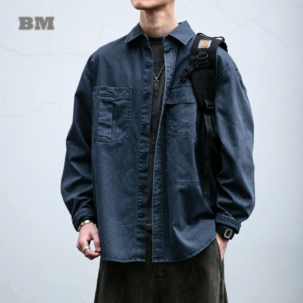 

Mens Utility Work Shirt 100% Cotton High Quality Oversized Enzyme Washed Lapel Collar Loose Fit Streetwear Casual Korean Style