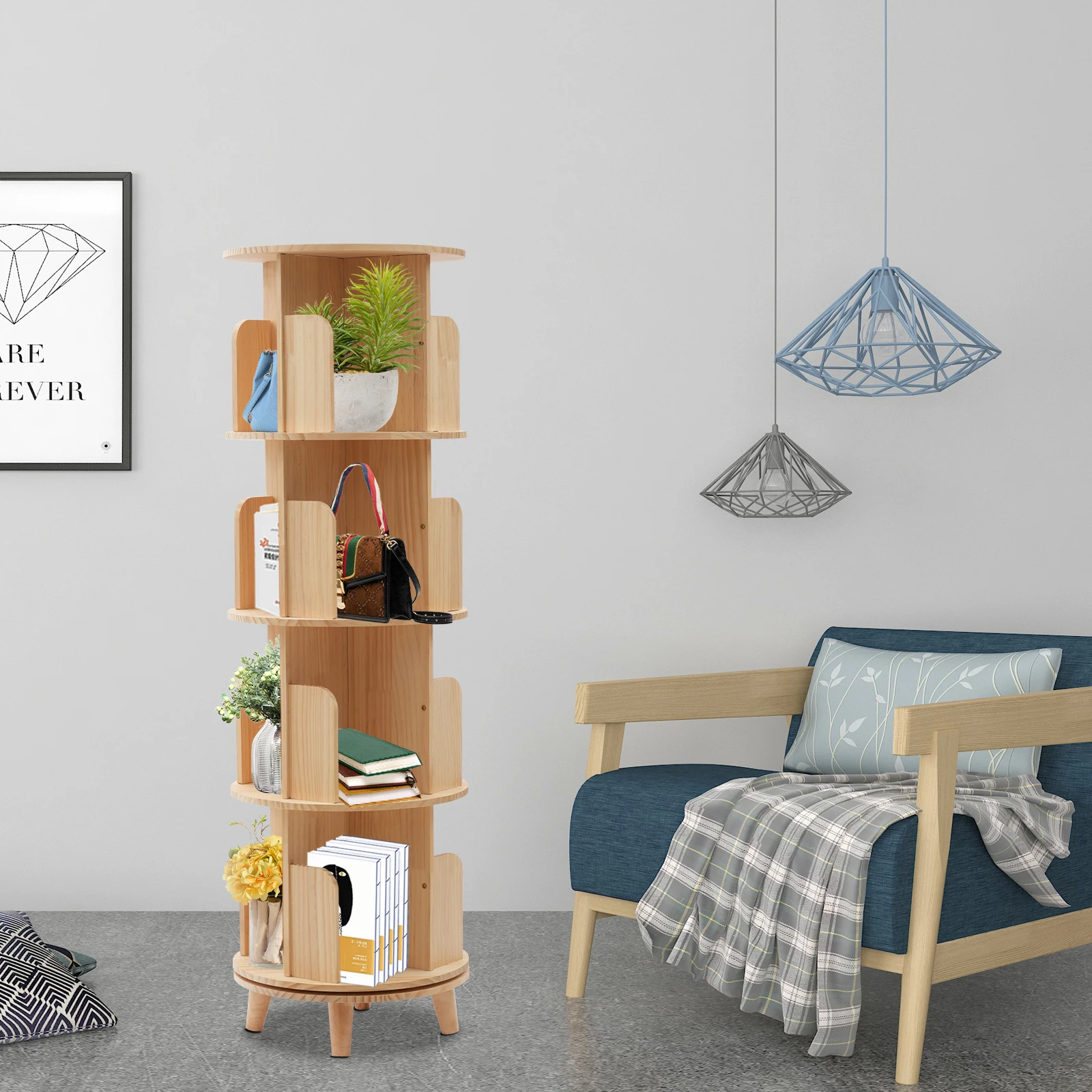 4 Tingkat 360 °   Rak Buku Berputar Kayu Pinus Alami Kapasitas 50kg/Tier, Rak Buku Berputar Hemat Ruang