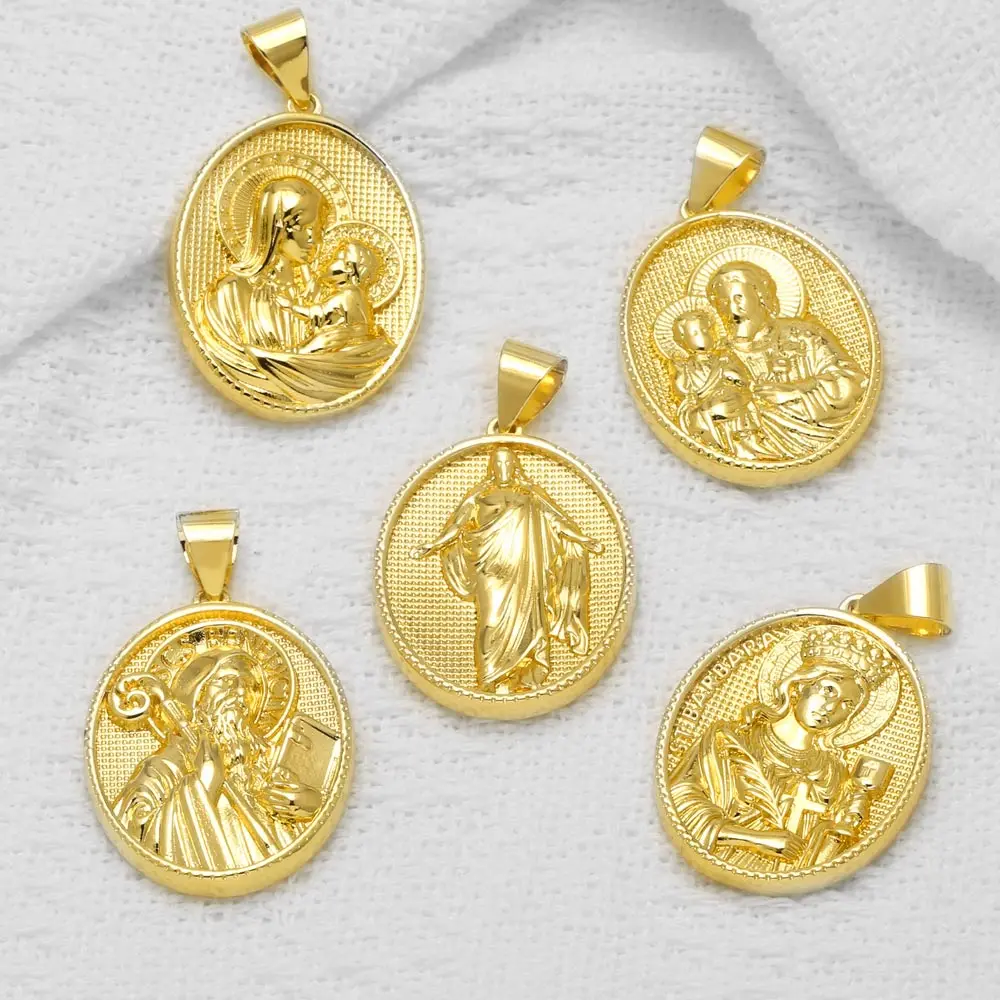 OCESRIO Religious Saint Barbara Pendants Gold Plated Copper Oval Medal Catholic Charms for Necklace Jewelry Making DIY pdtb962