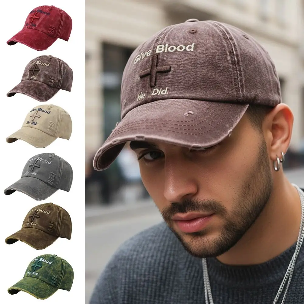 Frayed Brim Cross Embroidery Baseball Cap Washed Cotton Adjustable Outdoor Fishing Hat Sunscreen Hip Hop Dad Hat
