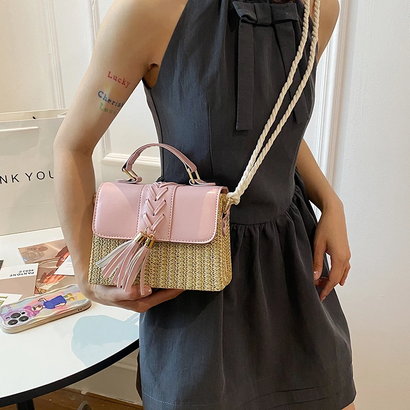Strand Stroh Umhängetasche für Frauen neue Designer Boho Sommer tasche Pu Leder Handtasche und Geldbörse Reise Umhängetasche – Detail 10
