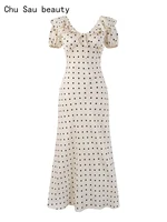 Chu Sau beauty Women New Fashion Sweet Polka Dot Print Chic Ruffles Midi Dress French V-Neck Puff Sleeve Vintage Party Dresses - Image 2
