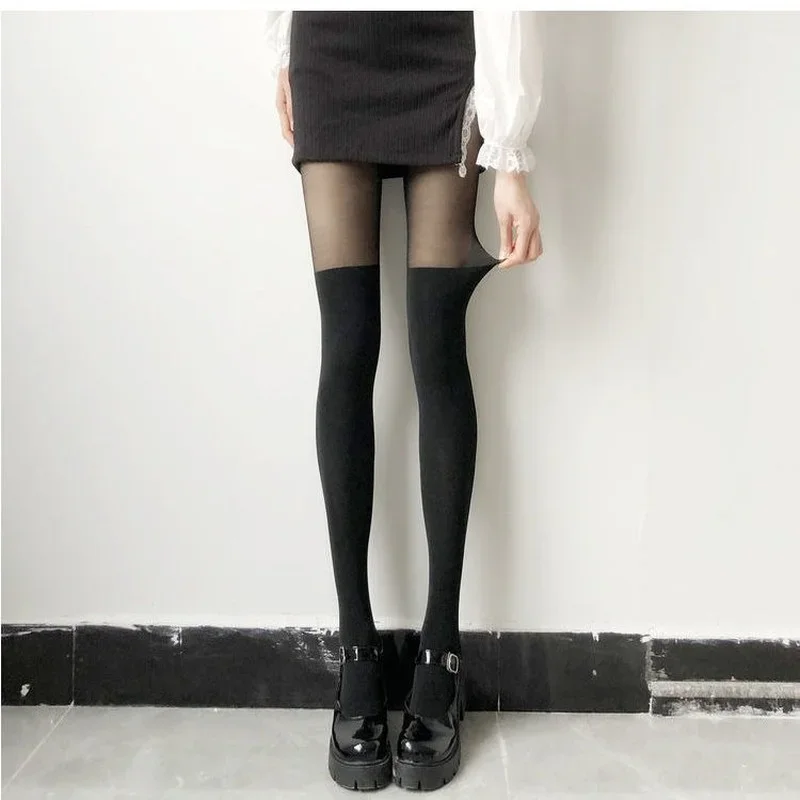 Sexy Patchwork Sheer Black Thigh High Stockings Tights Women Female Hosidery Over Knee Stripe Pantyhose Women Tights Pantyhose