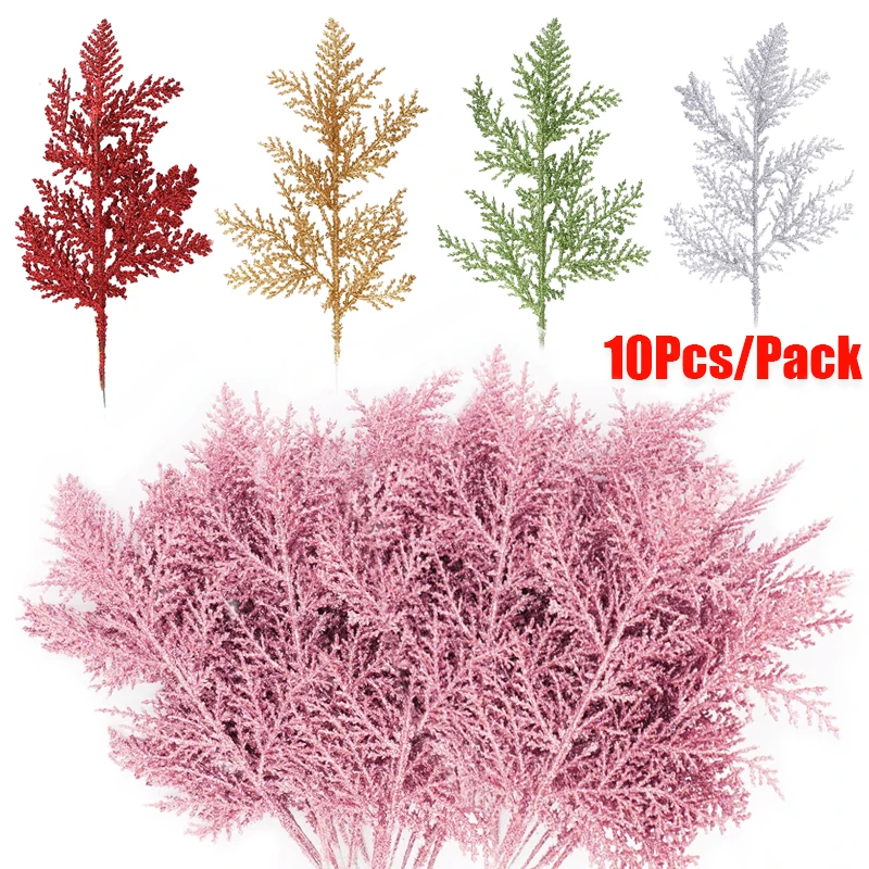 10/1Pcs Christmas Artificial Flowers Glitter Pine Leaves Branches DIY Garland Xmas Tree Ornament For Home New Year Navidad Decor