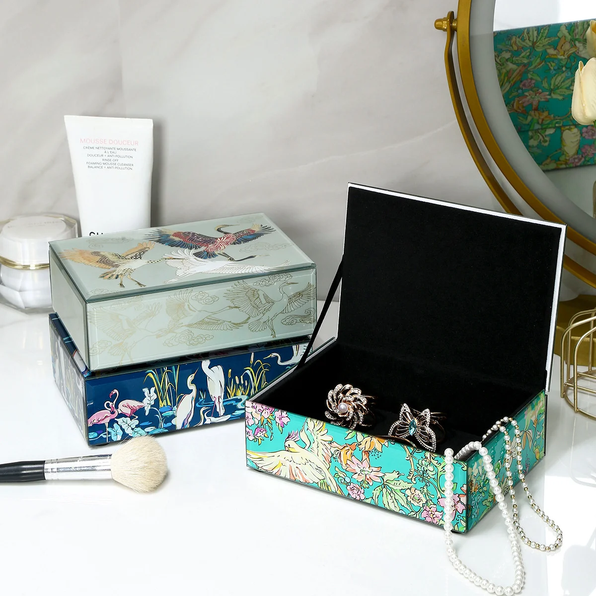 

Элегантный и великолепный стиль, расписная стеклянная шкатулка для драгоценностей, кольцо, ожерелье, браслет, роскошные коробки-органайзеры, креативное украшение для рабочего стола