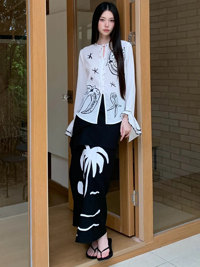 CHEERART Coconut Tree Print Black Long Skirts For Women Designer A Line High Waist Cute Midi Skirt Fall Clothes