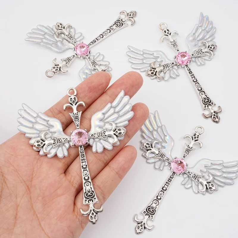 1Pc Y2K Rainbow White Angel Wing Cross Pendant with Pink Rhinestone Alloy Pendant Jewelry Manufacturing Accessories