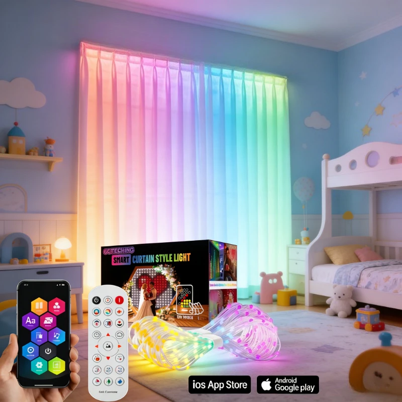 RGB LED Curtain Lights DIY Pixel Pattern String Lights with Mobile App Remote for Bedroom Outdoor Wedding Party Decor Set
