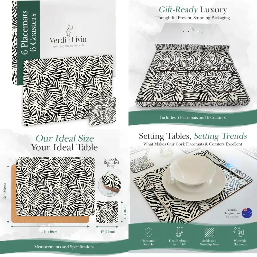 

Heat Resistant Cork Placemats Set, 6 Pack, 16x12 Inches, Wipe Clean, Dining Table Protection, Black & White Coasters