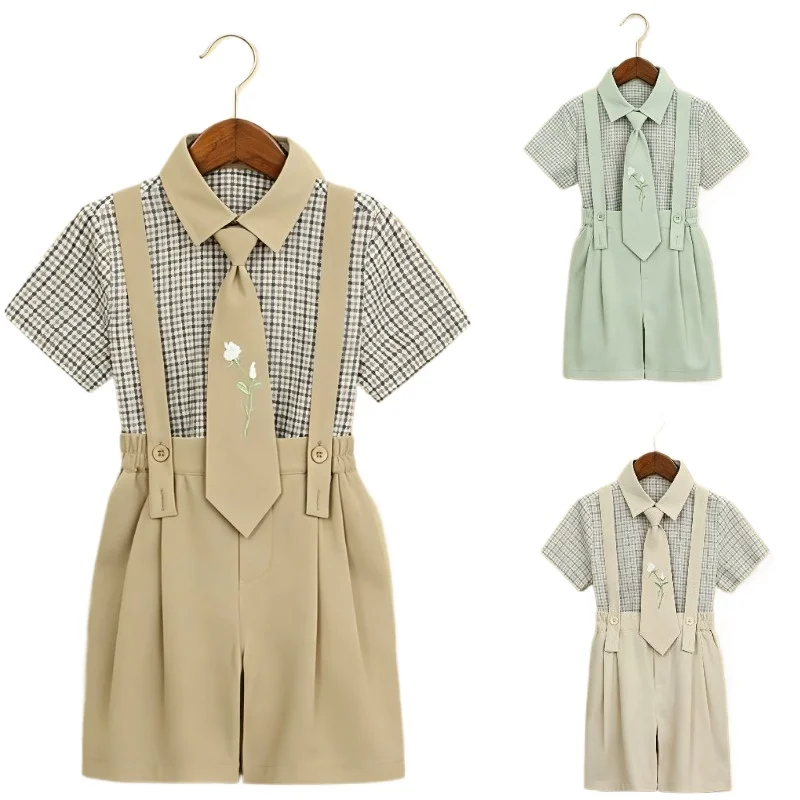 Teen Boys Casual Preppy Outfit Plaid Shirt Suspender Shorts with Embroidered Tie for Daily Wear School Photoshoot Party Suit Set
