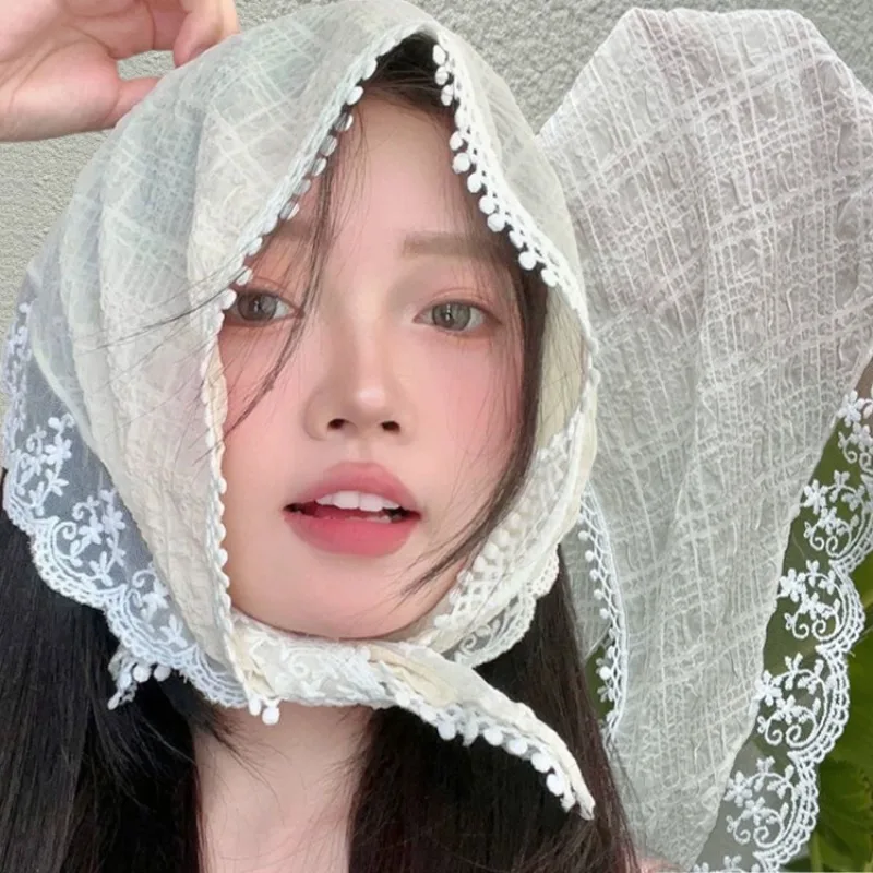 

2025 Summer New Floral Hair Scarf Elegant Women Lace Mesh Triangle Scarf French Country Style Headwrap Bohemian Hair Accessories