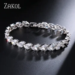 ZAKOL Fashion White Leaf Bracelets Bangles for Women Men Shinny Marquise Cut Cubic Zirconia Bridal Wedding Party Jewelry