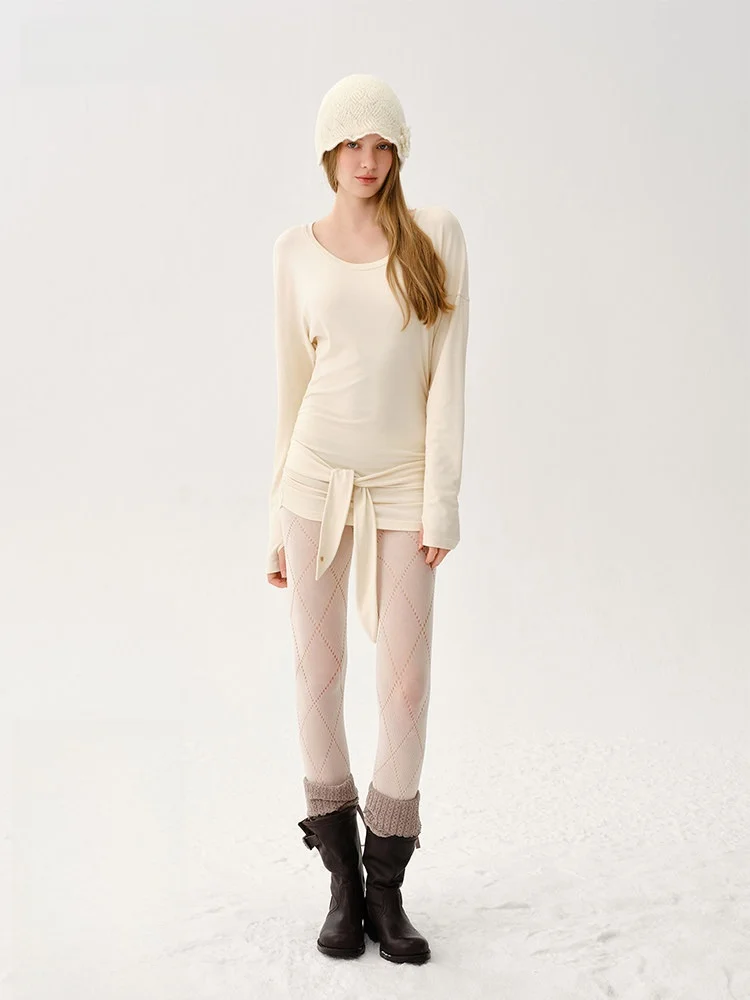 

Moonmoi Soft Cotton Long Sve Dr U-Ne Rabbit Ear Knot Folded Design Two-Way Wear Casual Sle Women's T-irt
