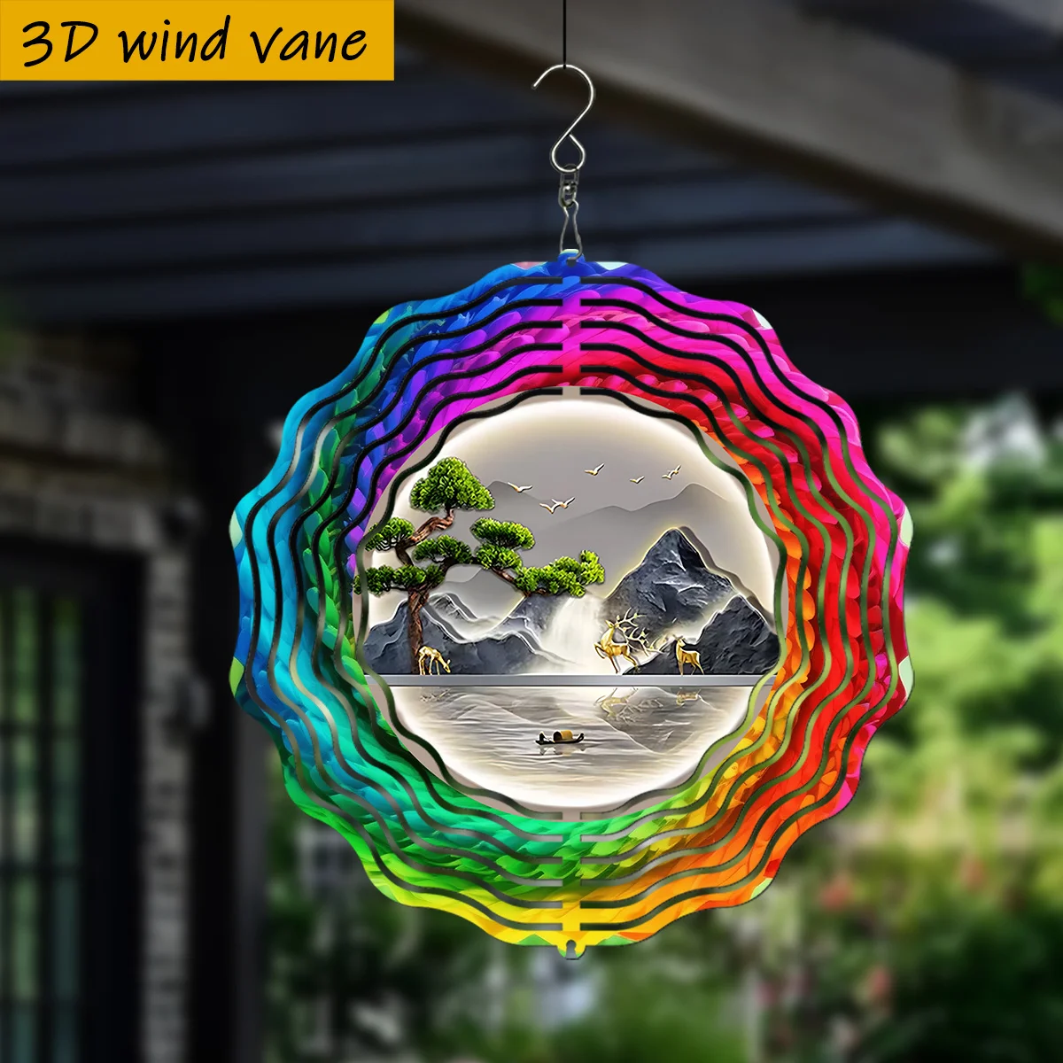 1pc Asian Landscape 3D Wind Gyro Spinner - Mountain, Pine Trees, Boat, Birds & Deer - Auto-Rotating Outdoor/Indoor Decoration