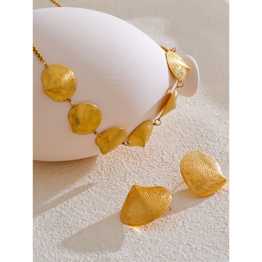 Yhpup Shell Gold Color Waterproof Plated Stainless Steel Earrings Necklace Jewelry Statement Trendy Fashion Holiday Accessories