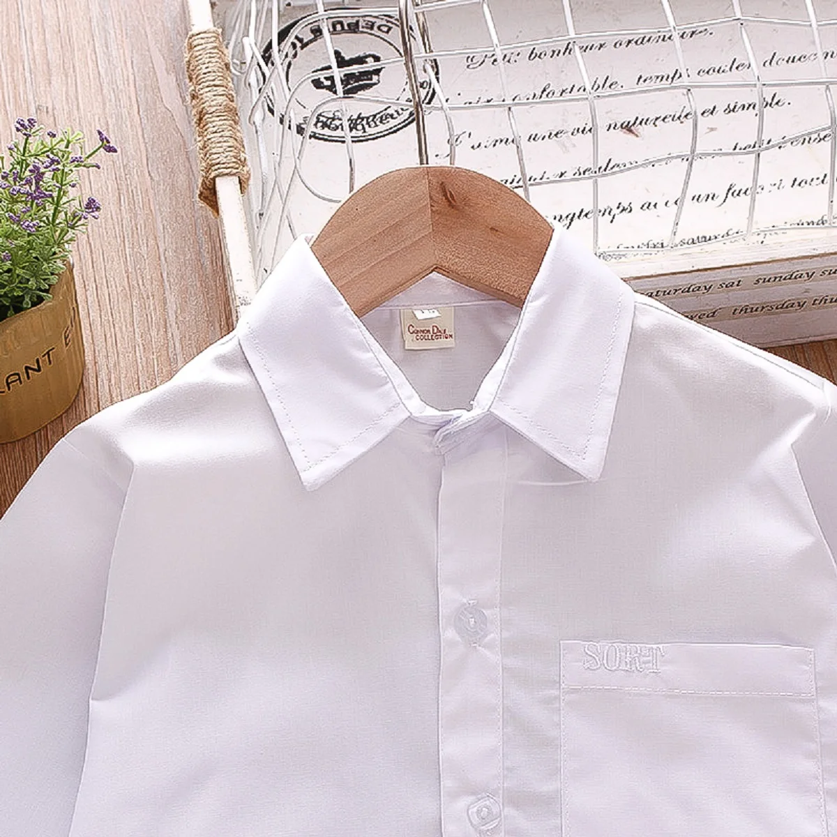 Spring Boys\' White Shirt Solid Pocket Decorative Polo Long Sleeve Top Underlay Shirt