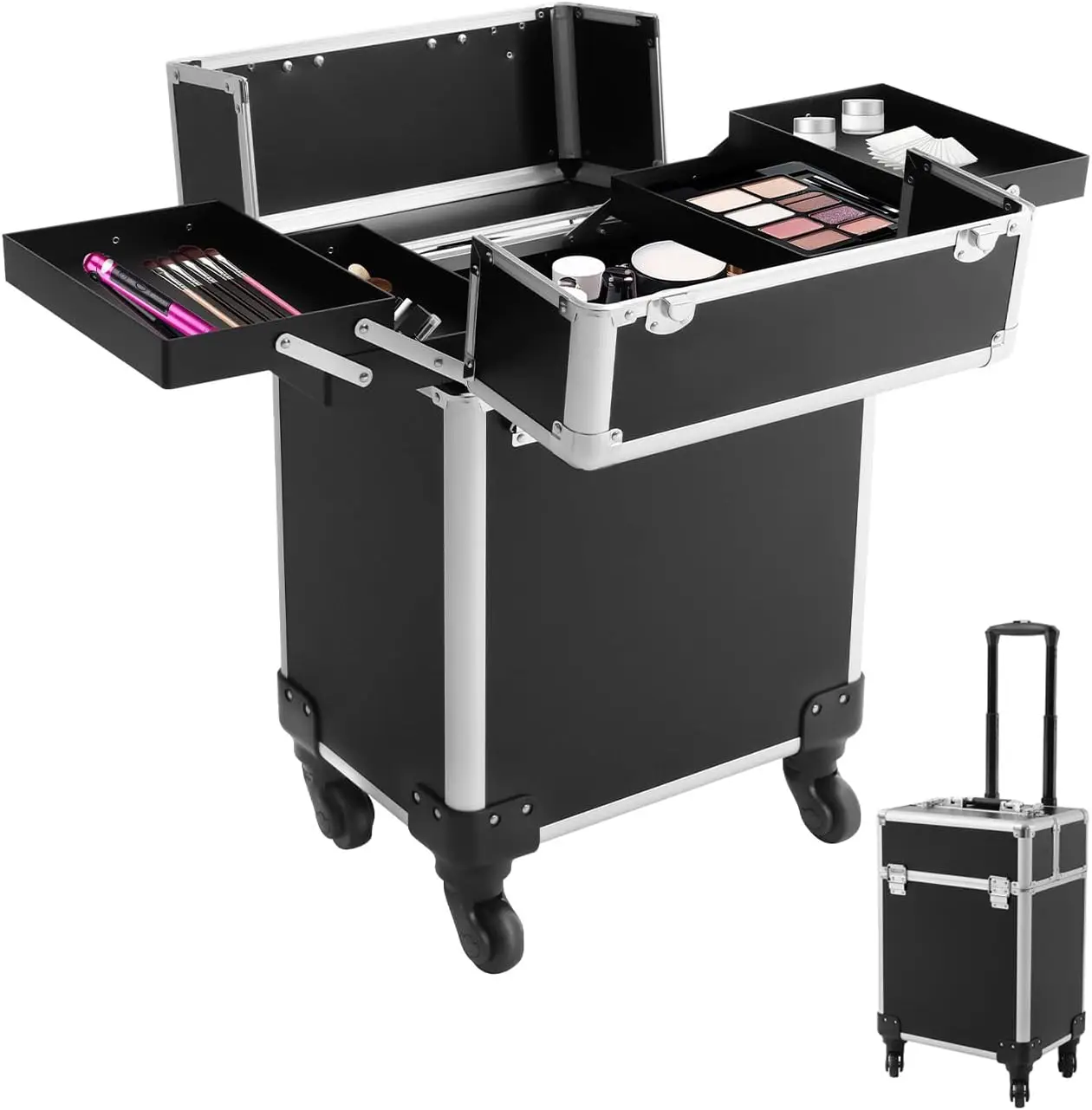 

Professional Travel Makeup Case Beauty Train Case Rolling Cosmetic Organizer New