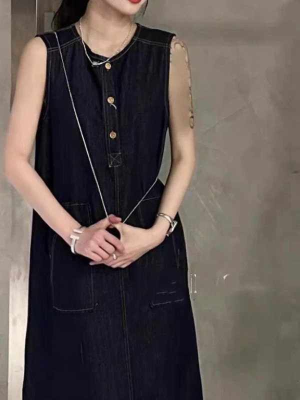 Retro runde Ne Weste Dr frauen Sommer Neue Koreanische Version Abnehmen Denim Langen Rock A-Line Silhouette No-Sve lange Dr