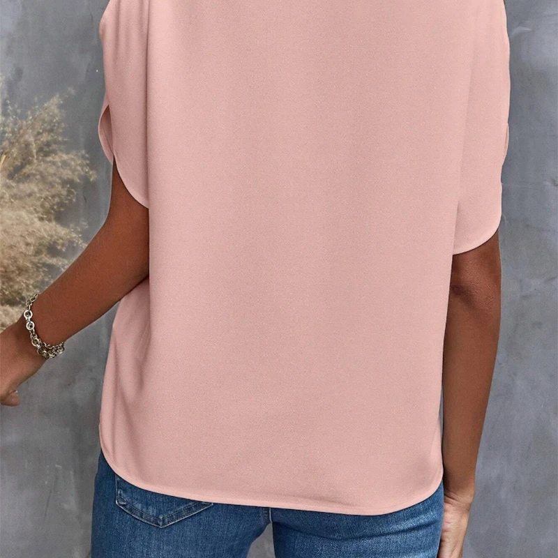 Elegant Women\'S Shirt Blouse Summer New V-Neck Off Shoulder Short Sleeves Solid Color Shirt Chiffon Pullover Top Female Clothes