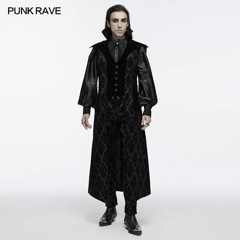 PUNK RAVE Men's Gothic Stand Collar Retro Mysterious Flocking Gorgeous Jacket Noble Texture Large Dinner Club Long Coats Tank