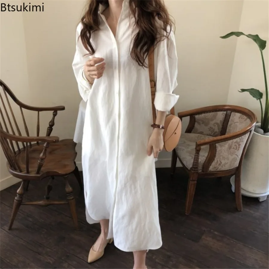 

Women's Long Shirt Dress Korean Lazy Style Simple Versatile Long Over The Knee Shirts Solid Lapel Elegant Shirt Sunscreen Shirts
