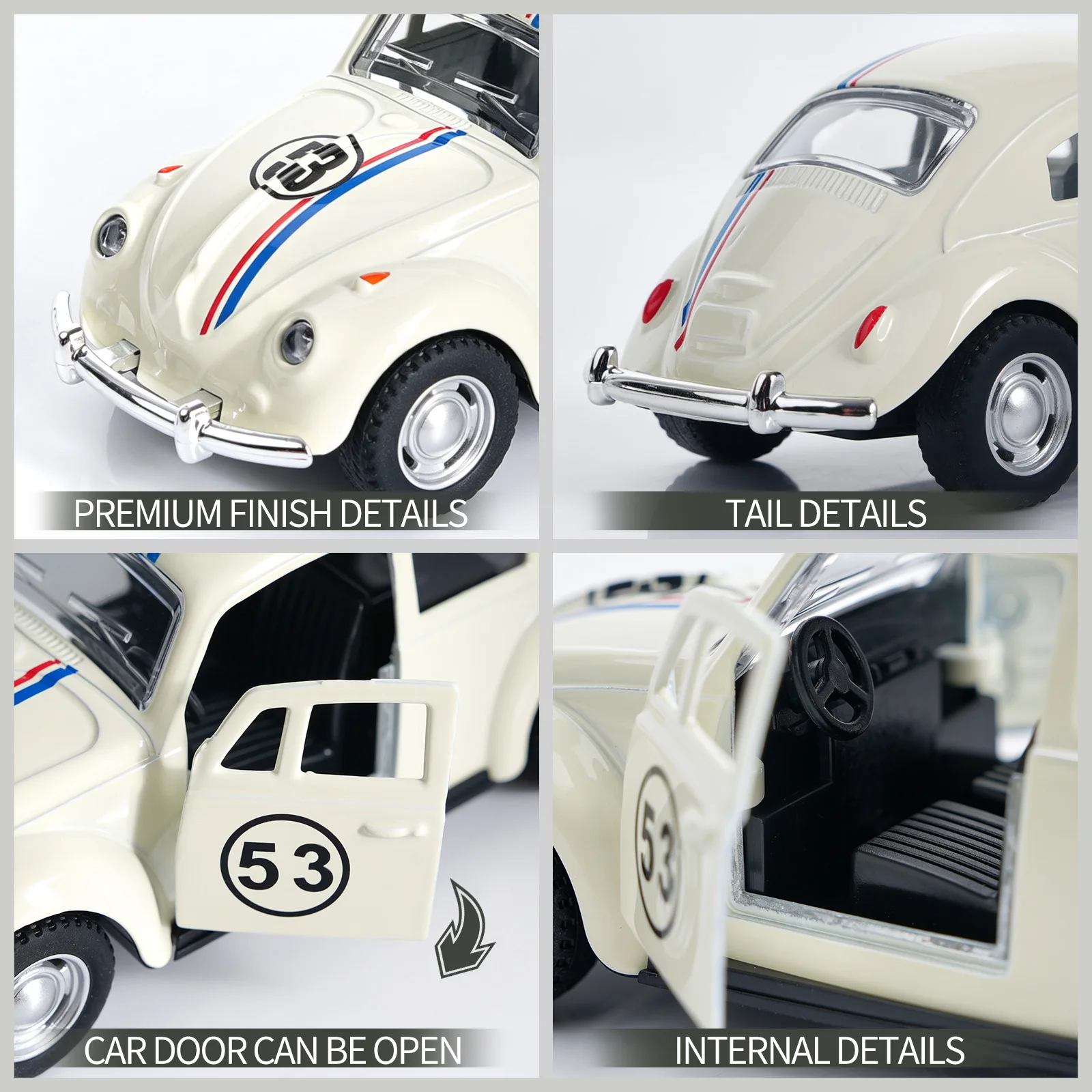 1:36 Scale Herbie No.53 Beetle Diecast Car, Pull-Back Alloy Model with Open Doors, Classic Racing Replica, Cream White Collectib image 6
