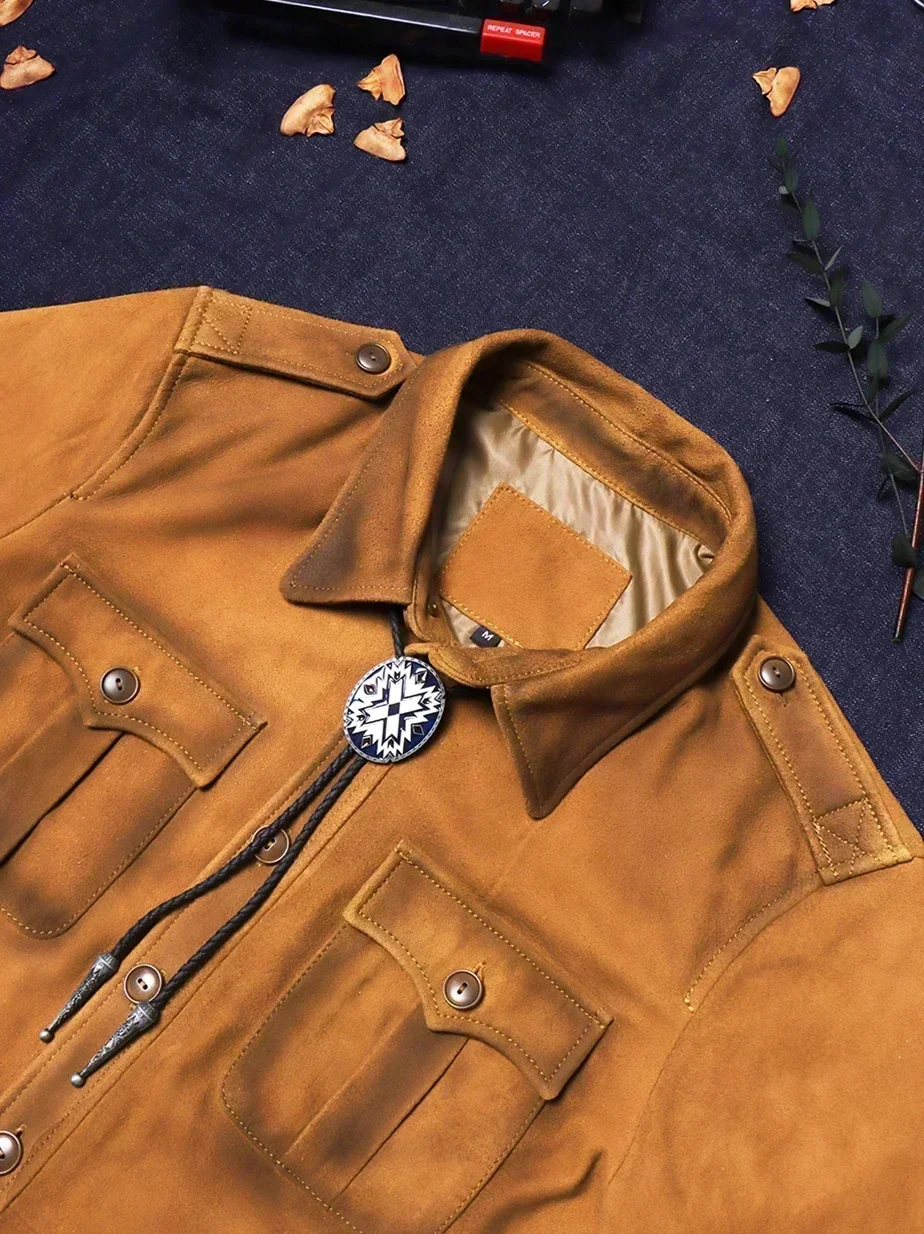 Tailor Brando American Vintage Suede Sheepskin Leather Men's Handmade Aged Shirt Genuine Leather Jacket