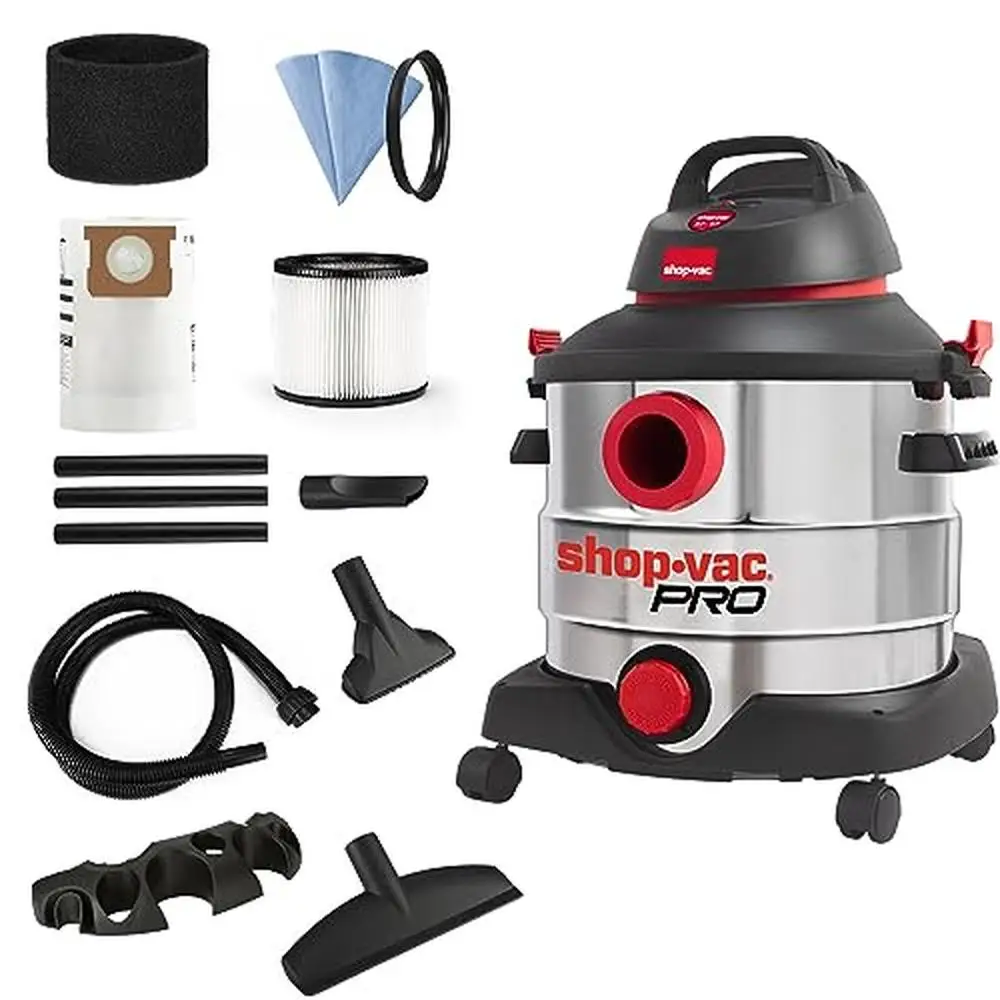 6.0 Peak HP Wet/Dry Vacuum Cleaner 8 Gallon Stainless Steel Tank with Blower and 19ft Cleaning Reach