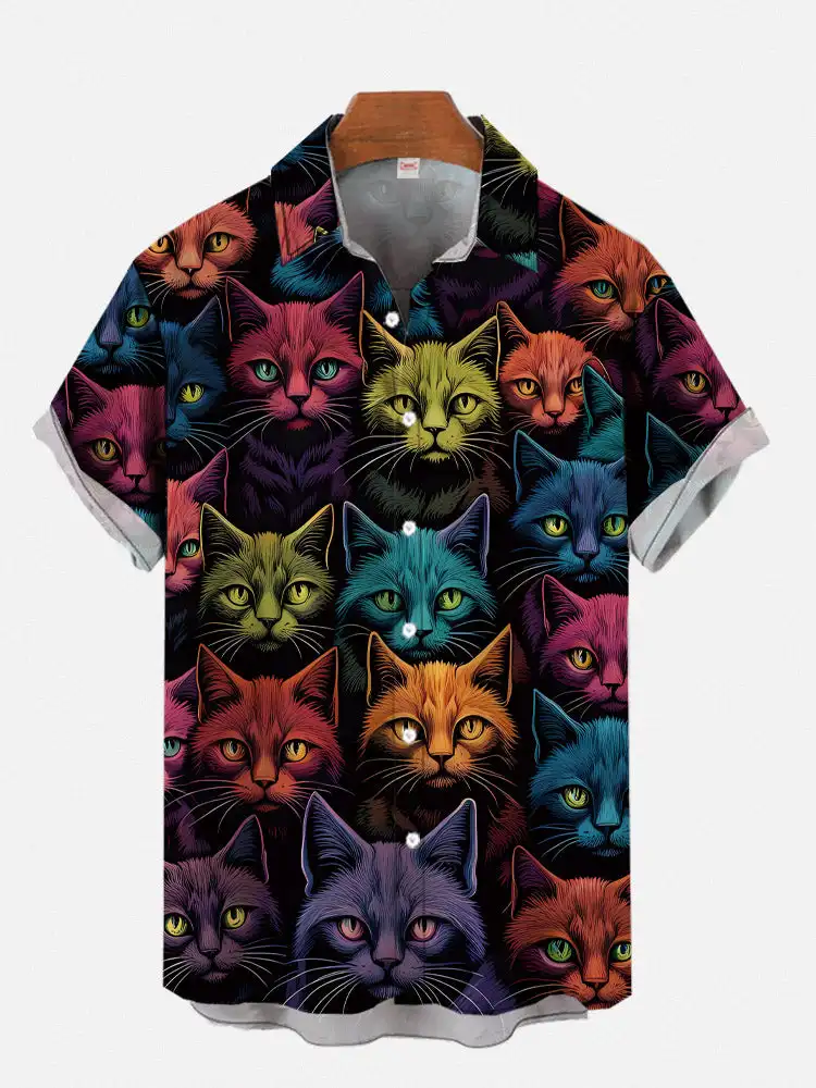 Férias do vintage Camisa Curta Casual com Foto Estampada Gato, Blusa Slim Fit, Flor Pet Harajuku, Streetwear Beachwear, Havaí Camisas