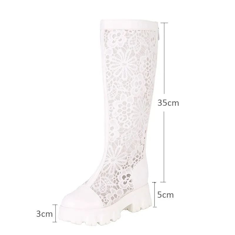 Women\'s Breathable Mesh Cool Boots Laces Mid Heels Woman Casual Hollow Knee High Boots White Summer Female Shoes Plus Size 34-43