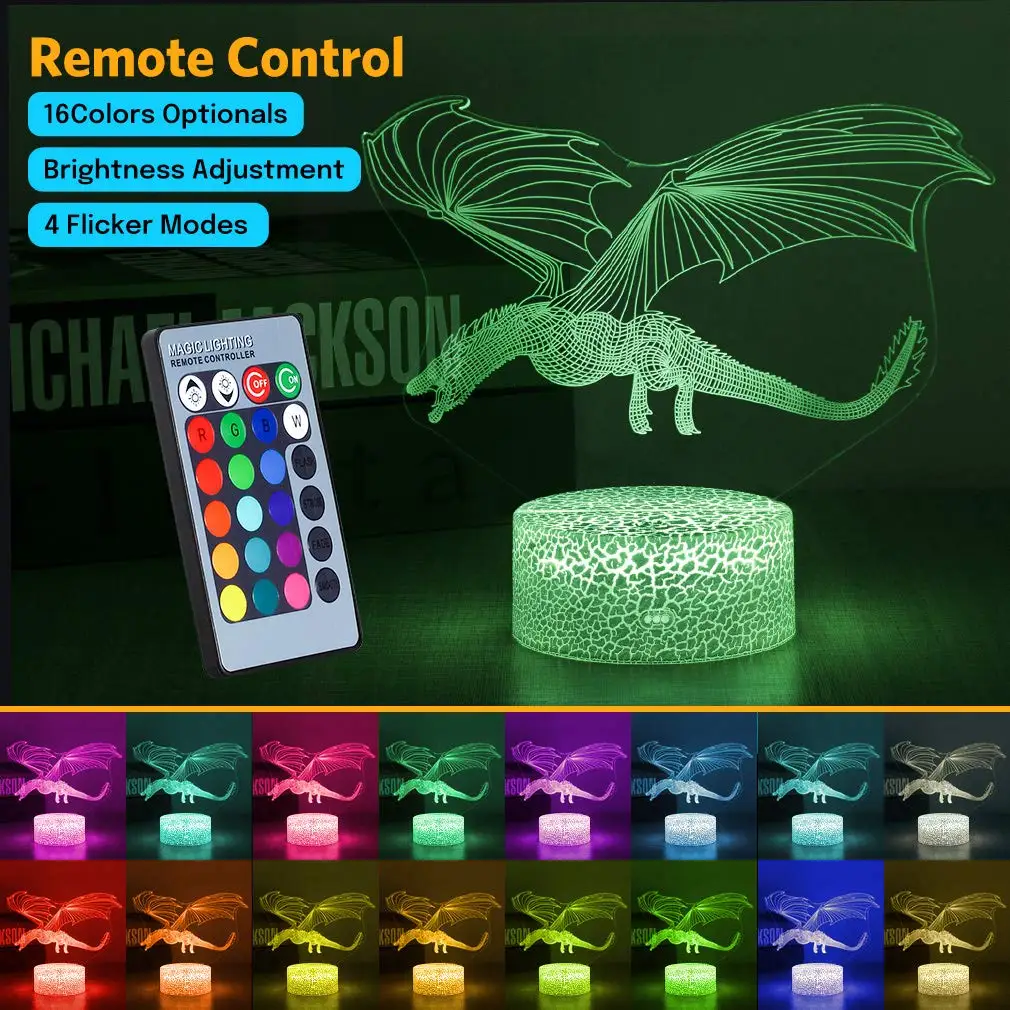 Dragon 3D Illusion LED Table Decor Lamp Night Light, 16 colori cambiano, telecomando decorazioni per la camera da letto regalo per ragazzo o ragazza