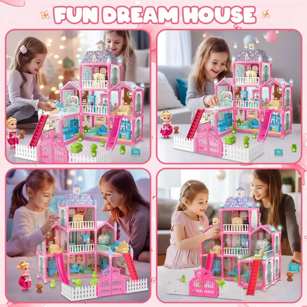 Casa de boneca luminosa dreamhouse para meninas princesa playhouse conjunto com bonecas acessórios móveis fingir jogar presentes aniversário