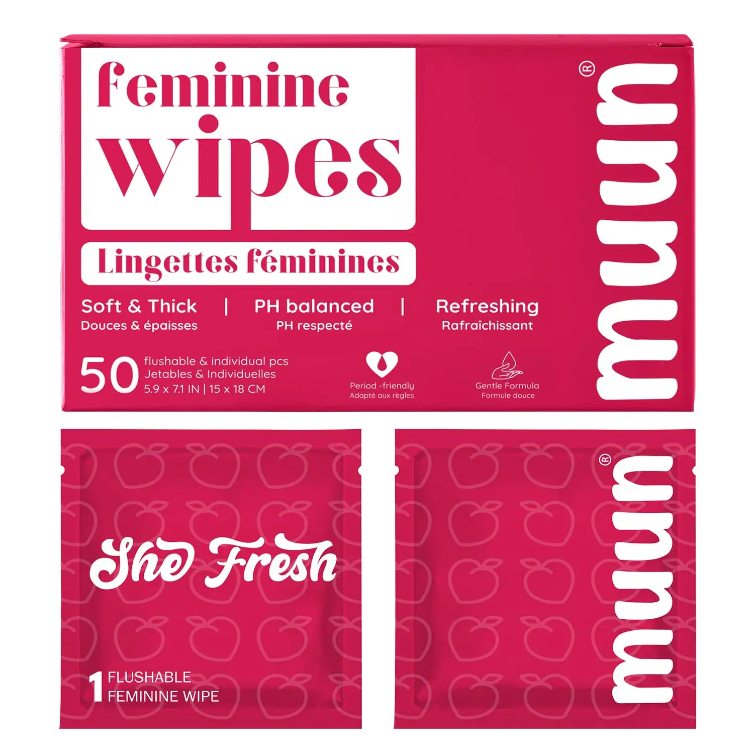 Toallitas Femeninas Desechables - Paquete de 50, pH Balanceado, Anti-Picazón y Desodorante para la Higiene Íntima, Envueltas Individualmente