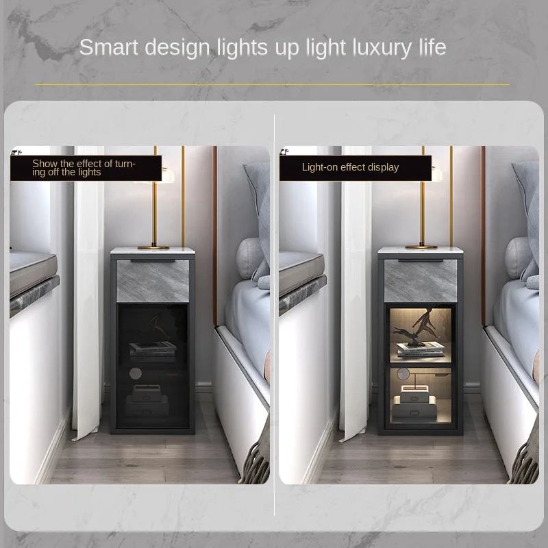 XL Smart Stone Plate Bedside Table Narrow Solid Wood Storage Cabinet Light Luxury Ultra Narrow Side Cabinet