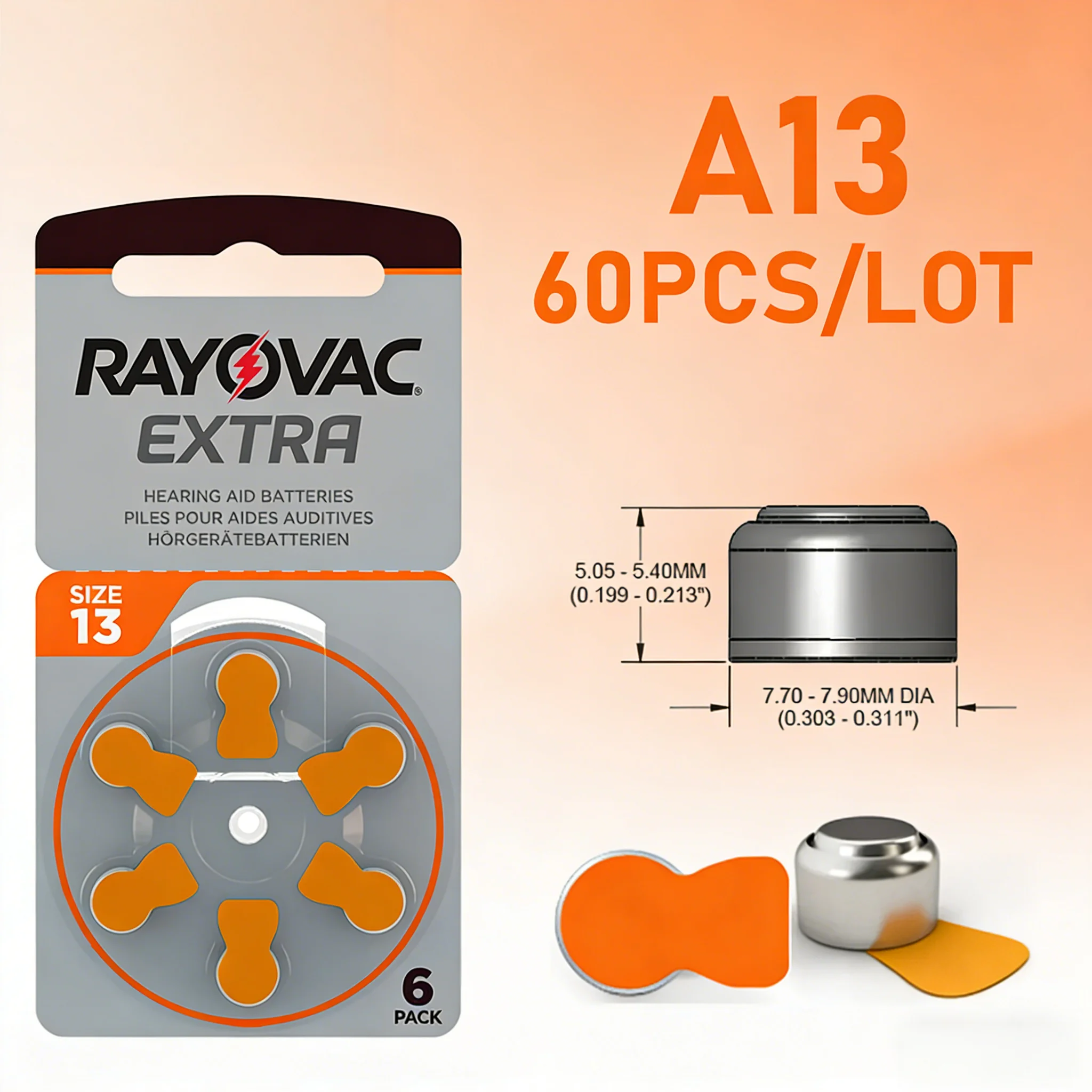 

60 шт. Батарейки для слуховых аппаратов A13 13A 13 P13 PR48 1.45V RAYOVAC EXTRA, цинково-воздушные батарейки для усилителей звука BTE, CIC, RIC и наушников.