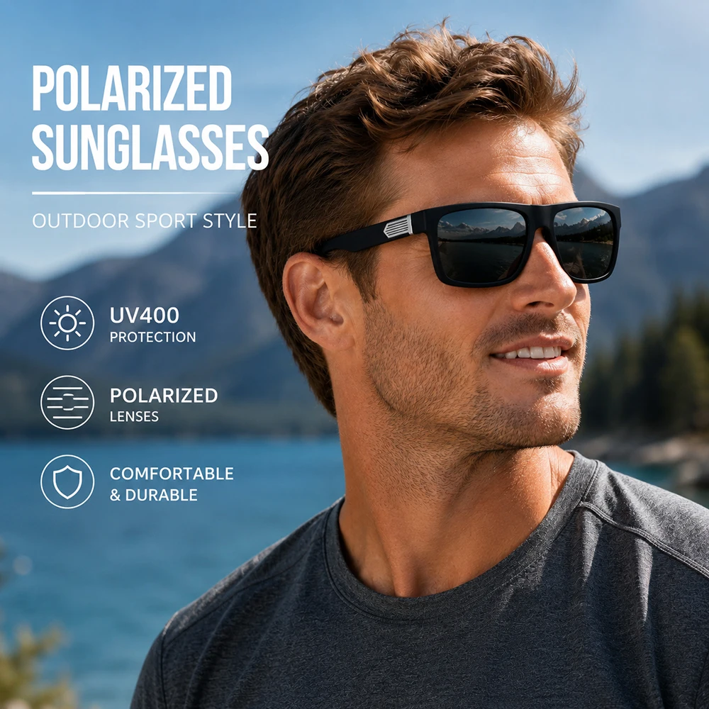 Men Matte Black Square Polarized Sunglasses UV400 Anti-Glare