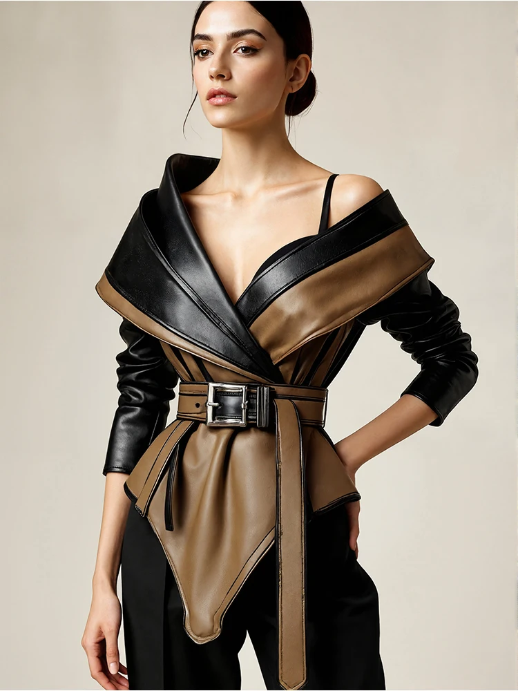 Dámská bunda z umělé kůže s dlouhým rukávem a nepravidelným lemem na jednom rameni, ležérní vintage svrchní oblečení pro mládež od Y2K - náhled 3